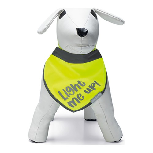 Reflecterende bandana hond Beeztees Safety Gear Chiny 2 Gele bandana met reflecterende rand en Light me up! print, vooraanzicht