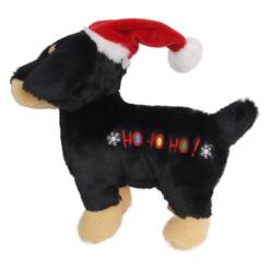 Kerstspeelgoed van Boon, zwart pluche hondje met bruine pootjes, rode kerstmuts en geborduurde HO HO HO op de zij