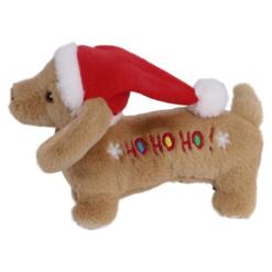 Kerstknuffel van Boon, bruin pluche hondje met rode kerstmuts en geborduurd Ho Ho Ho op de zij