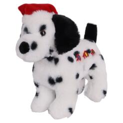 Pluche hondenknuffel met rode kerstmuts, geborduurde oogjes en zwarte oren, schuin van voren