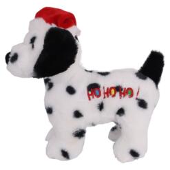 Kerstknuffel van Boon, wit pluche hondje met zwarte vlekken, rode kerstmuts en geborduurde HO HO HO op de zij