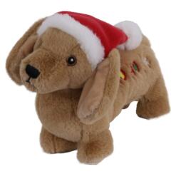 Bruine pluche hondenknuffel met kerstmuts, slappe oren en geborduurde ogen, vooraanzicht