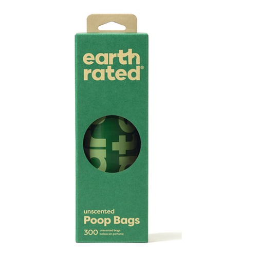 Poepzakjes Earth Rated 300 stuks in Dispenserdoos 4 Voorkant van de groene Earth Rated doos met 300 geurloze poepzakjes en kijkvenster