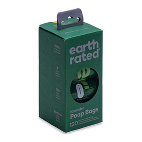 Poepzakjes Lavendel Earth Rated 8 x 15 stuks 7 Doos met 8 rolletjes poepzakjes met lavendelgeur van Earth Rated, schuin aanzicht