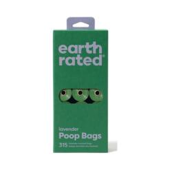 Voorkant van de groene Earth Rated doos met 21 rolletjes poepzakjes lavendel