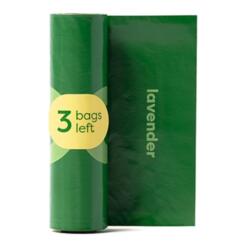 Poepzakjes Lavendel Earth Rated 8 x 15 stuks 9 Uitgerold poepzakje met sticker 3 bags left die aangeeft dat het rolletje bijna op is