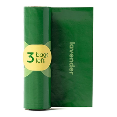 Poepzakjes Lavendel Earth Rated 8 x 15 stuks 5 Uitgerold poepzakje met sticker 3 bags left die aangeeft dat het rolletje bijna op is