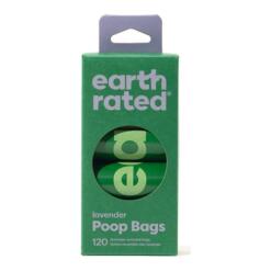 Poepzakjes Lavendel Earth Rated 8 x 15 stuks 10 Voorkant van de groene doos Earth Rated lavender poop bags met 120 zakjes