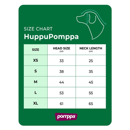 HuppuPomppa Hondennekwarmer 29 Maattabel HuppuPomppa hondennekwarmer met kopomvang en neklengte per maat van XS tot XL