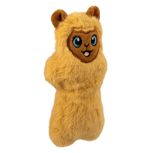 KONG Snuzzles Mini Llama Hondenknuffel XS 4 Zijaanzicht van de KONG Snuzzles Mini Llama met pluizige gele vacht en bruine oortjes