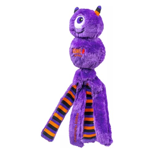 KONG Wubba Halloween Monster L | Piepend trekspeeltje 3 Paars KONG Wubba monster met lange oranje, zwart en paars gestreepte staarten
