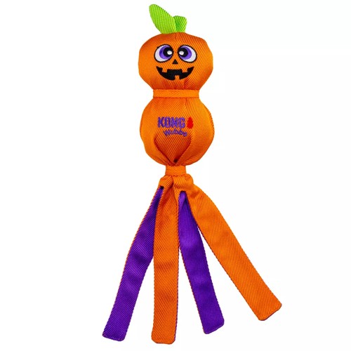 KONG Wubba Jack-o-Lantern L: Halloween hondenspeelgoed 3 KONG Wubba Ballistic Jack-o-Lantern L, oranje Halloween pompoen met oranje en paarse staarten