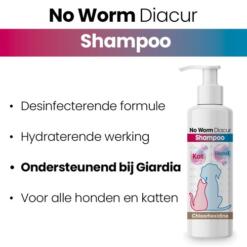 Kenmerken van de No Worm Diacur shampoo: desinfecterend, hydraterend en ondersteunend bij Giardia