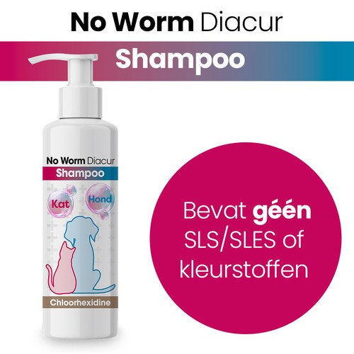 No Worm Diacur Chloorhexidine Shampoo hond 250 ml 6 No Worm Diacur shampoo fles zonder SLS, SLES en kleurstoffen