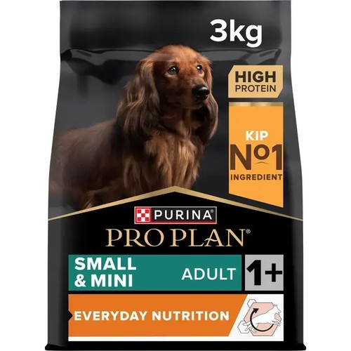 Hondenbrokken Pro Plan Small & Mini Kip 5 Zak Pro Plan Small & Mini Adult hondenbrokken met kip, 3 kilo, voorkant verpakking