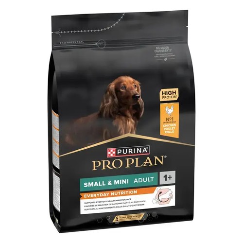 Hondenbrokken Pro Plan Small & Mini Kip 3 Zijkant van de verpakking van Pro Plan hondenbrokken, met vermelding hoog eiwitgehalte en geen toegevoegde kleurstoffen