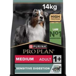 Pro Plan Medium Adult Sensitive Digestion hondenvoer met lam als nummer 1 ingrediënt, vooraanzicht verpakking van 14 kg