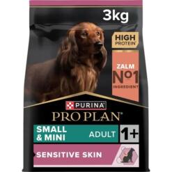 Zak Pro Plan Small & Mini Adult Sensitive Skin met zalm voor een gevoelige huid, 3 kilo, voorkant verpakking