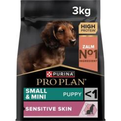 Vooraanzicht van de zak Pro Plan puppyvoer met zalm, OPTIDERMA formule voor een gevoelige huid