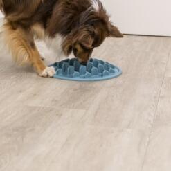 Hond eet langzaam uit de voedermat Pillars op de keukenvloer