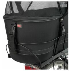 Reflecterende strepen en gespen op de zwarte hondenfietsmand