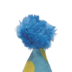 Detail van de donkerblauwe pluche pompon op de punt van de feestmuts
