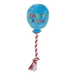 Beeztees Party Animal, blauw pluche hondenspeelgoed in de vorm van een ballon met rood wit katoenen flostouw