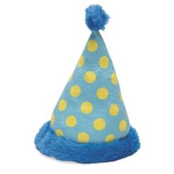 Beeztees Party Feestmuts, lichtblauw pluche hondenspeelgoed met gele stippen, donkerblauwe rand en pompon