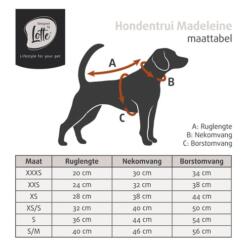 Bruine hondentrui Madeleine van Designed by Lotte 30 Maattabel bruine hondentrui Madeleine met ruglengte, nekomvang en borstomvang