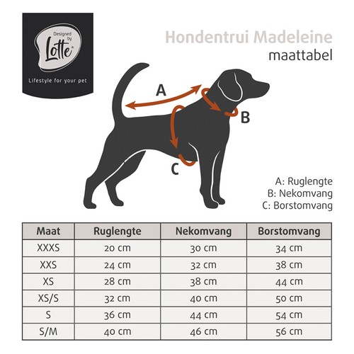 Bruine hondentrui Madeleine van Designed by Lotte 16 Maattabel bruine hondentrui Madeleine met ruglengte, nekomvang en borstomvang