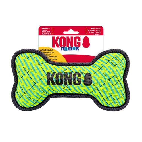 KONG Armor Bone medium: extra sterk piepend hondenbot 2 KONG Armor Bone in groen met reflecterende rand