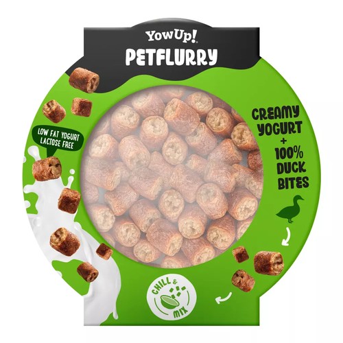 YowUp! Petflurry hondenyoghurt met 100% eend 5 Bovenkant van YowUp! Petflurry met zichtbare topping van stukjes eend