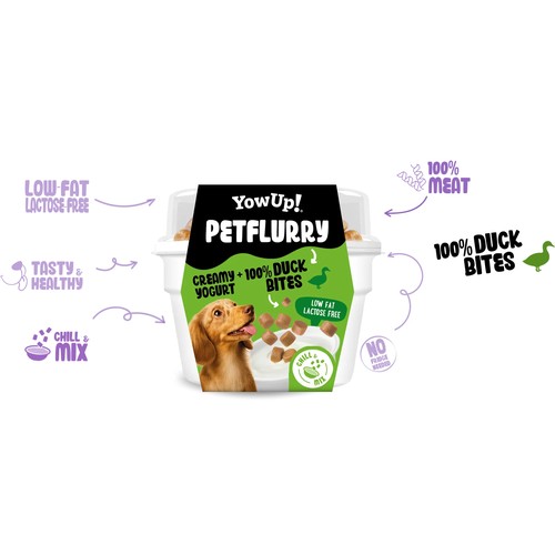 YowUp! Petflurry hondenyoghurt met 100% eend 4 YowUp! Petflurry hondenyoghurt: vetarme, lactosevrije yoghurt met stukjes 100% eend